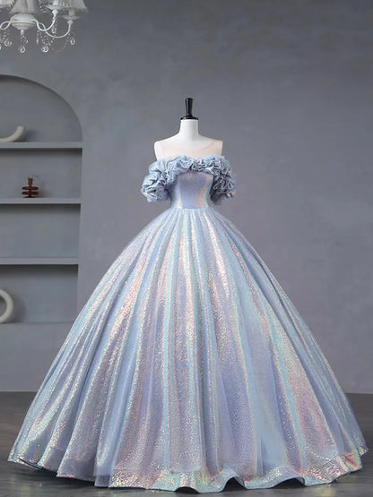 Blue Tulle Sequins Long Formal Dress, Off the Shoulder Princess Dress Sweet 16 Dress TP232