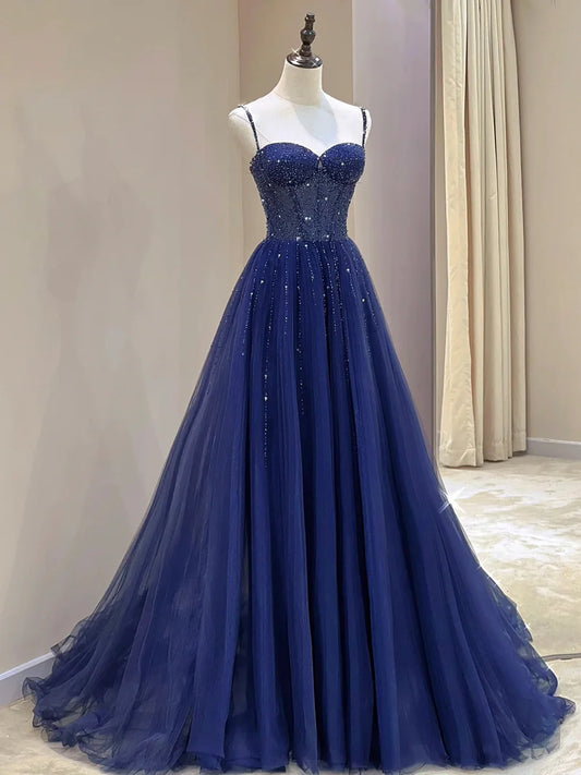 Blue Spaghetti Straps Tulle Beaded Long Formal Dress, Blue A-Line Evening Dress with Corset TP233