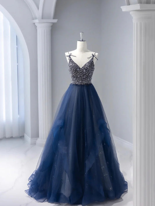 Blue Tulle Beaded Long Prom Dress, A-Line Spaghetti Strap Formal Evening Dress TP234