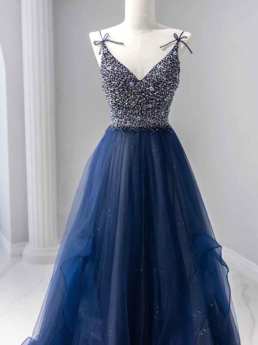 Blue Tulle Beaded Long Prom Dress, A-Line Spaghetti Strap Formal Evening Dress TP234