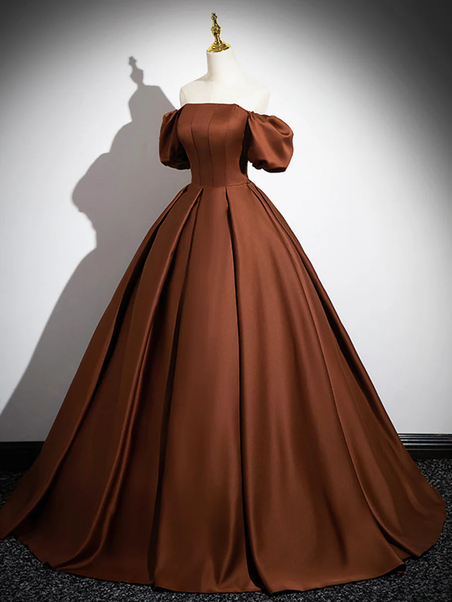Brown Satin Floor Length Prom Dress , Off the Shoulder A-Line Evening Dress TP237
