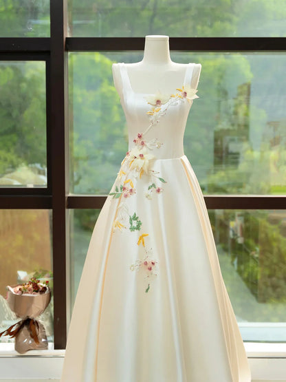 Elegant Satin Floor Length Formal Dress with 3D Flowers, Light Champagne A-Line Evening Party Dress TP238