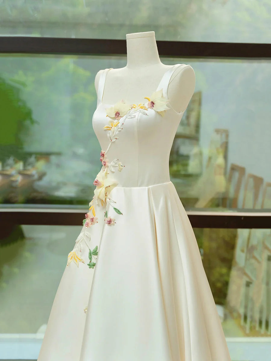 Elegant Satin Floor Length Formal Dress with 3D Flowers, Light Champagne A-Line Evening Party Dress TP238