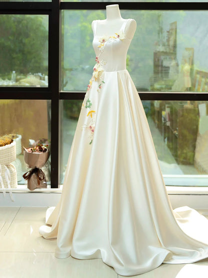 Elegant Satin Floor Length Formal Dress with 3D Flowers, Light Champagne A-Line Evening Party Dress TP238
