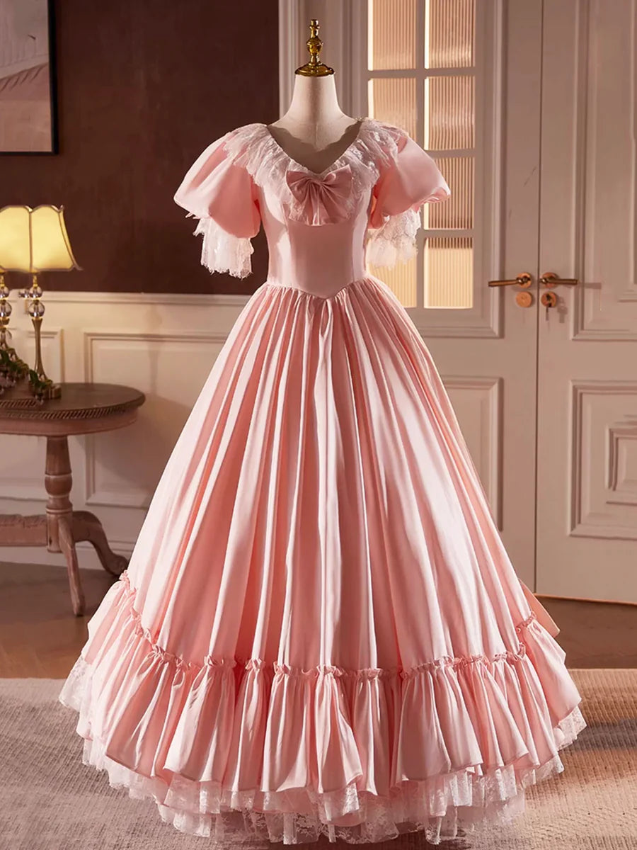 Pink Satin Lace Long Prom Dress, Beautiful A-Line V-Neck Evening Dress TP239