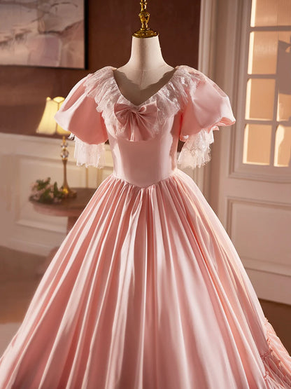 Pink Satin Lace Long Prom Dress, Beautiful A-Line V-Neck Evening Dress TP239