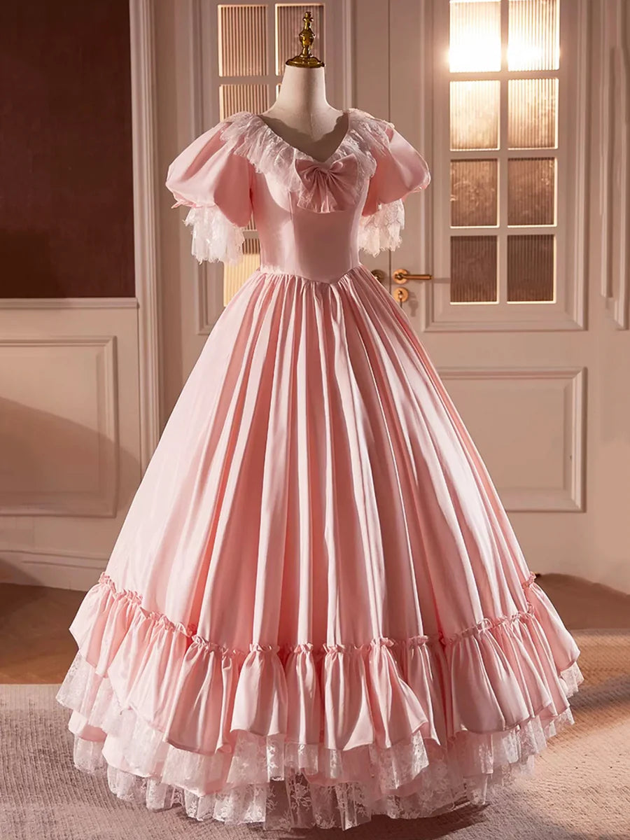 Pink Satin Lace Long Prom Dress, Beautiful A-Line V-Neck Evening Dress TP239