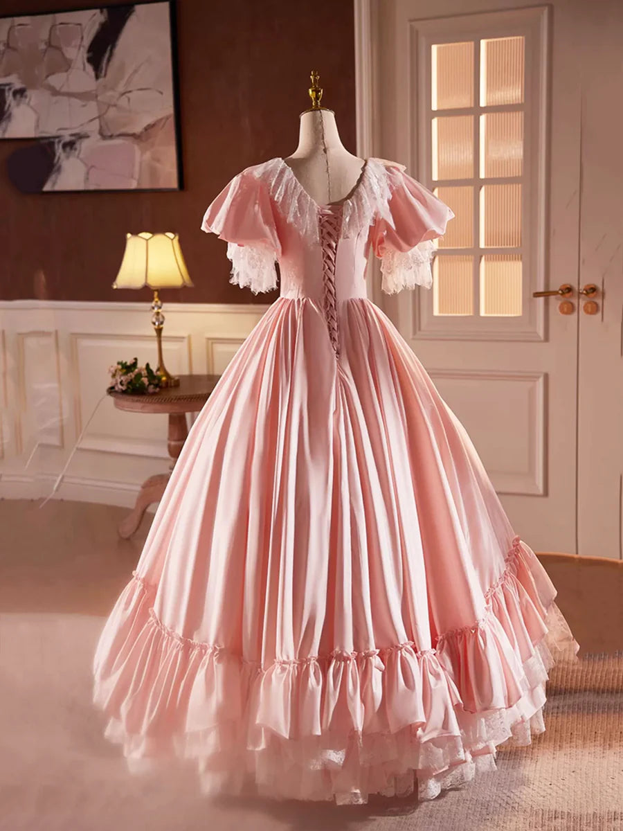 Pink Satin Lace Long Prom Dress, Beautiful A-Line V-Neck Evening Dress TP239