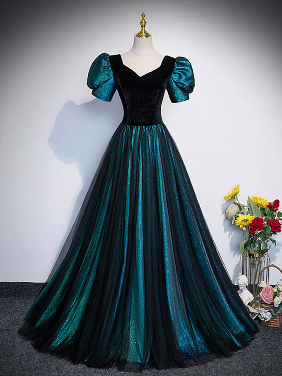Unique Black Velvet and Tulle Long Prom Dress, A-Line Short Sleeve Evening Party Dress TP240