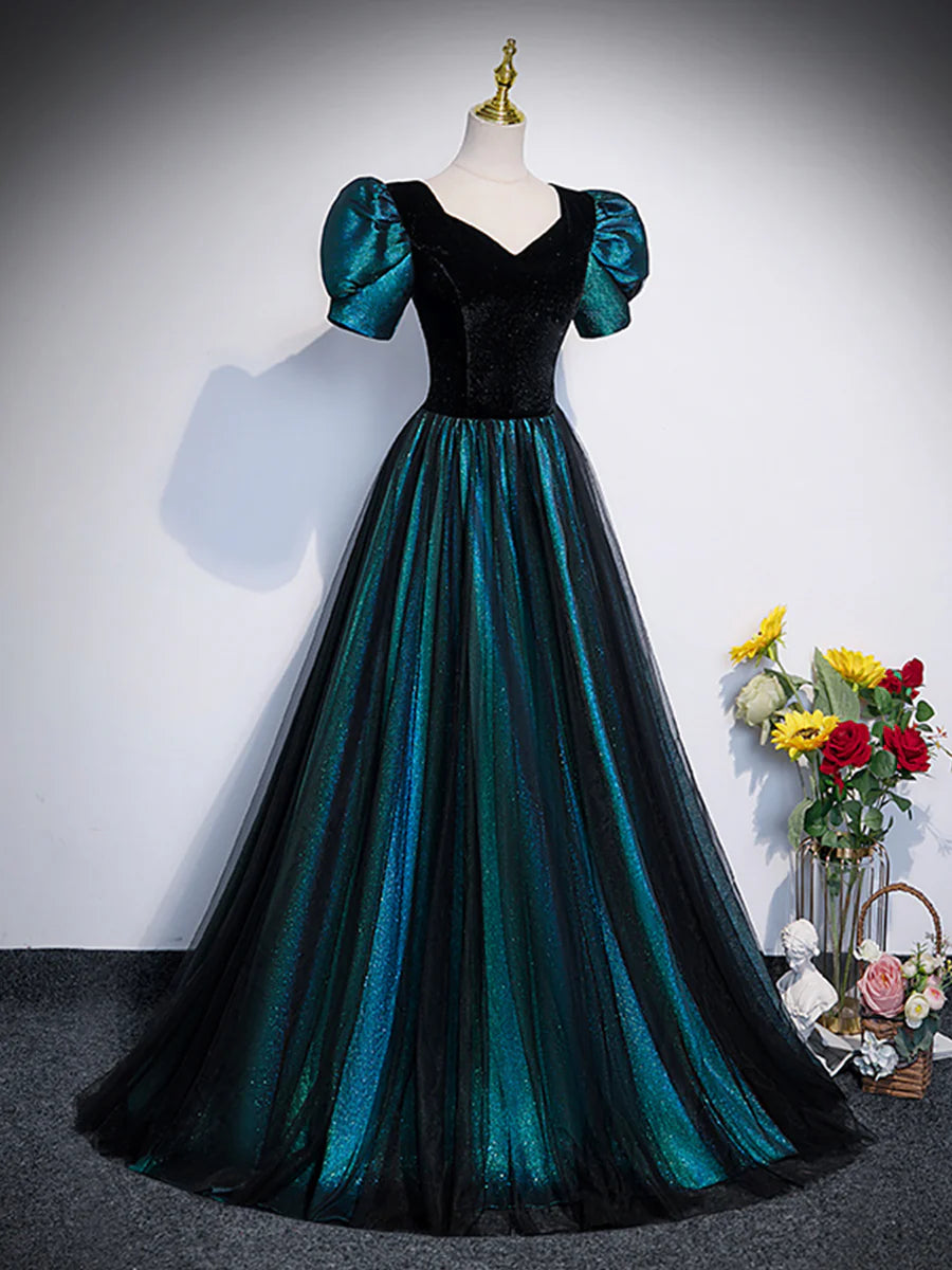 Unique Black Velvet and Tulle Long Prom Dress, A-Line Short Sleeve Evening Party Dress TP240