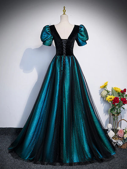 Unique Black Velvet and Tulle Long Prom Dress, A-Line Short Sleeve Evening Party Dress TP240