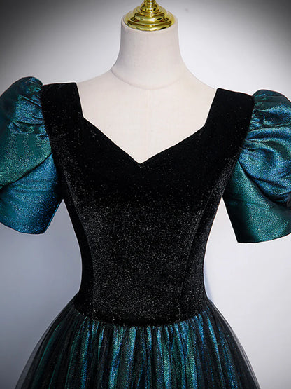 Unique Black Velvet and Tulle Long Prom Dress, A-Line Short Sleeve Evening Party Dress TP240