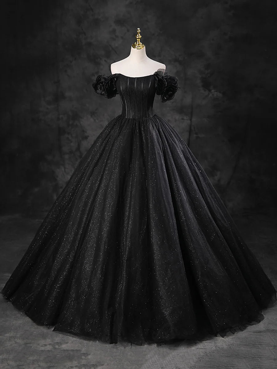 Black Sparkly Tulle Off the Shoulder Long Formal Dress, Elegant A-Line Black Evening Party Dress TP241