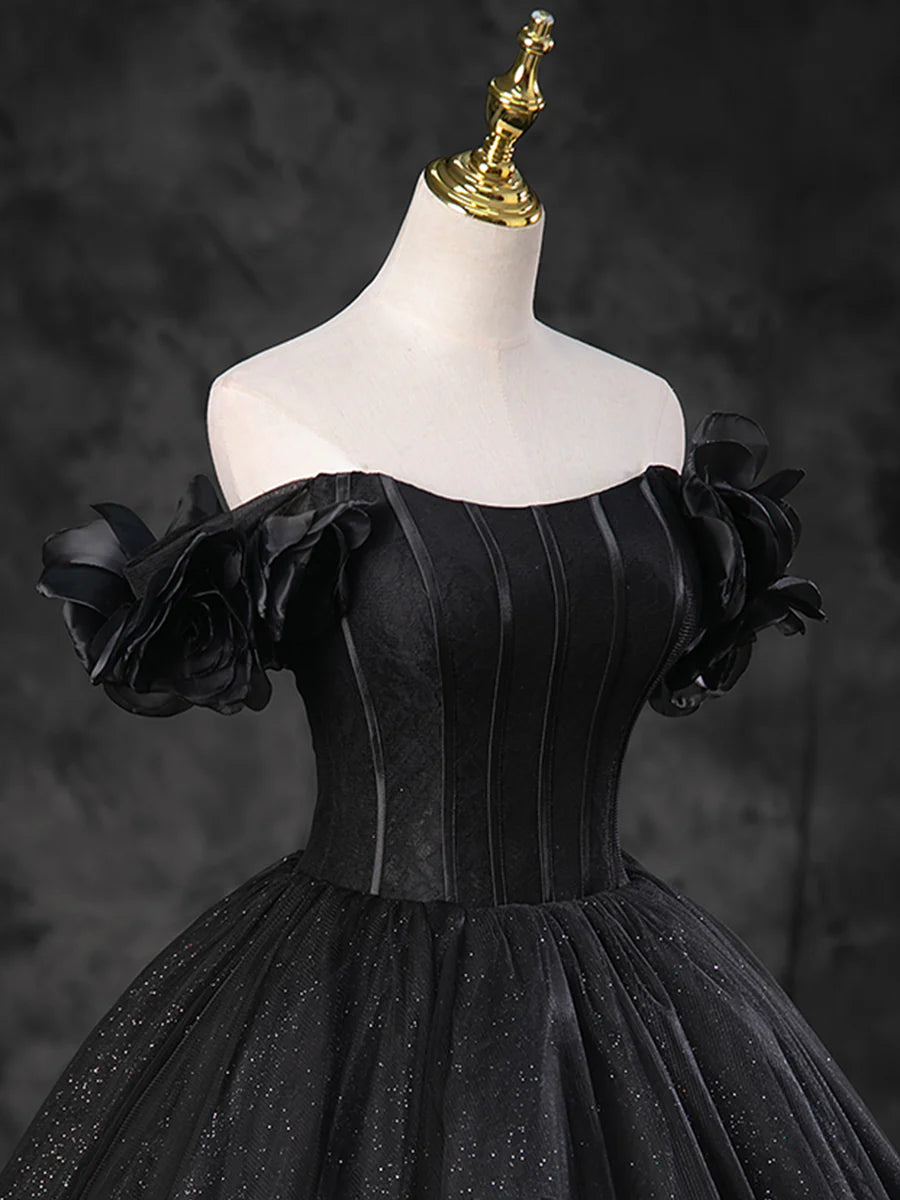 Black Sparkly Tulle Off the Shoulder Long Formal Dress, Elegant A-Line Black Evening Party Dress TP241