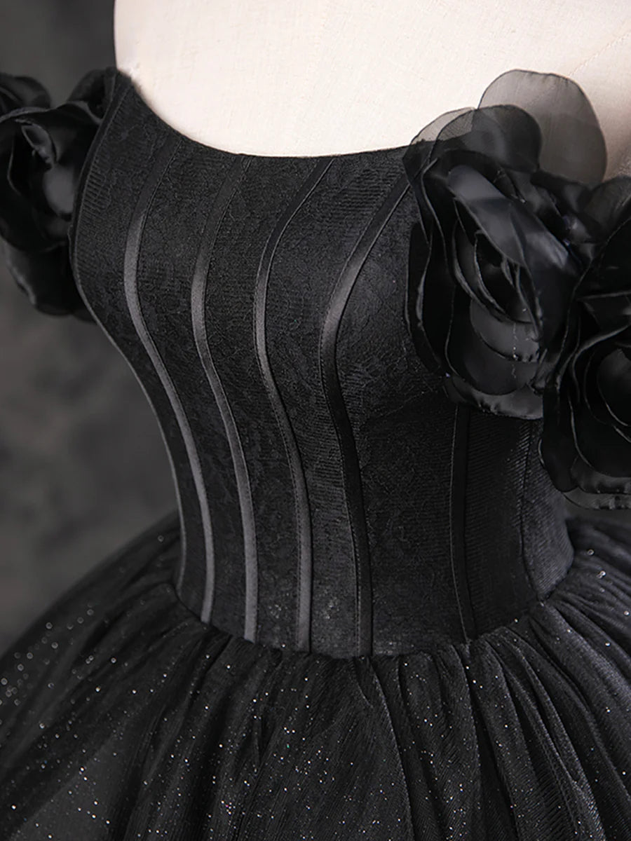 Black Sparkly Tulle Off the Shoulder Long Formal Dress, Elegant A-Line Black Evening Party Dress TP241