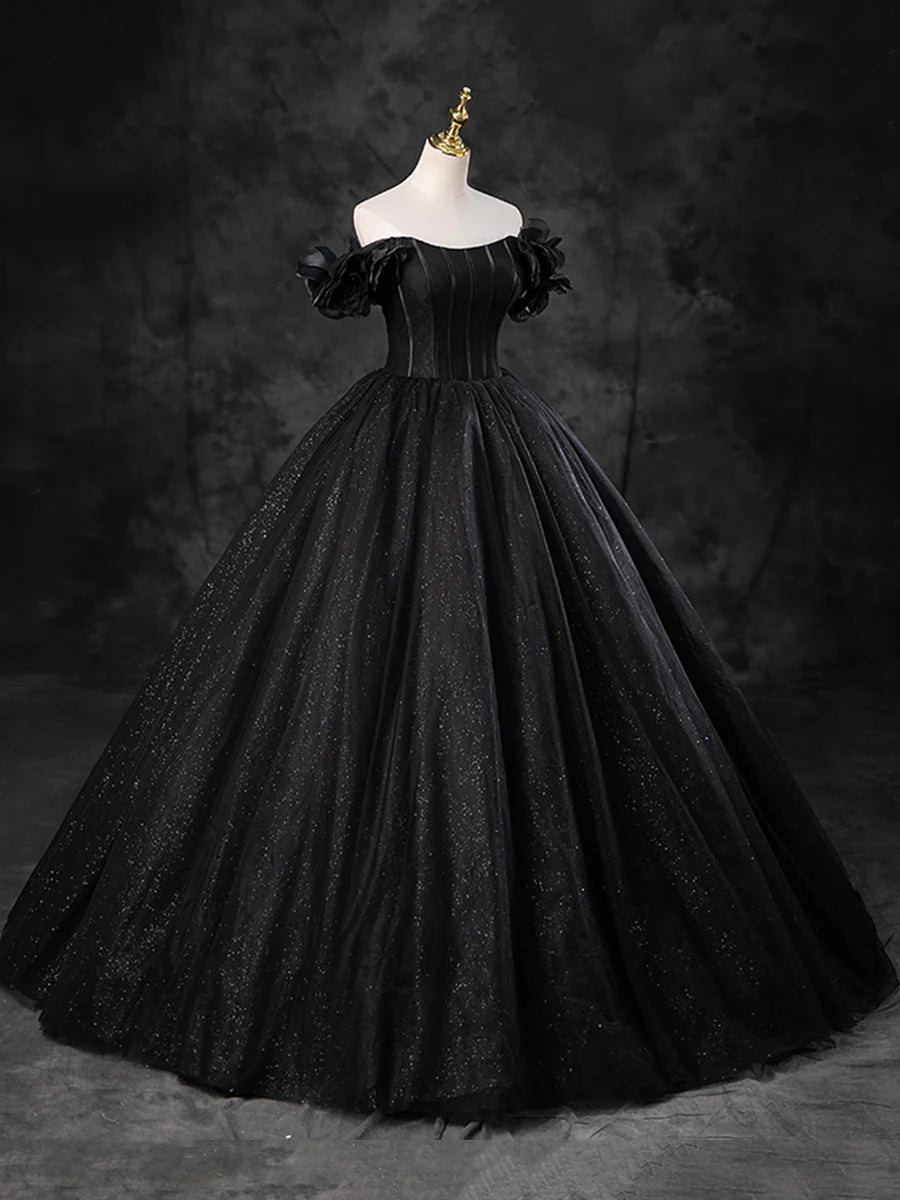 Black Sparkly Tulle Off the Shoulder Long Formal Dress, Elegant A-Line Black Evening Party Dress TP241