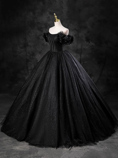 Black Sparkly Tulle Off the Shoulder Long Formal Dress, Elegant A-Line Black Evening Party Dress TP241