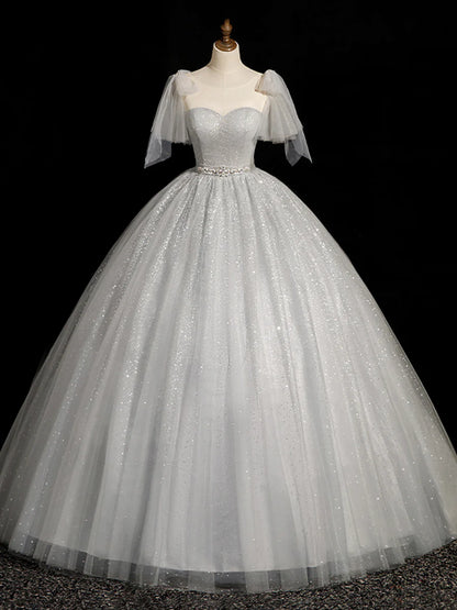 Gray Sparkly Tulle Long Scoop Neckline Prom Dress, Beautiful A-Line Evening Party Dress TP242