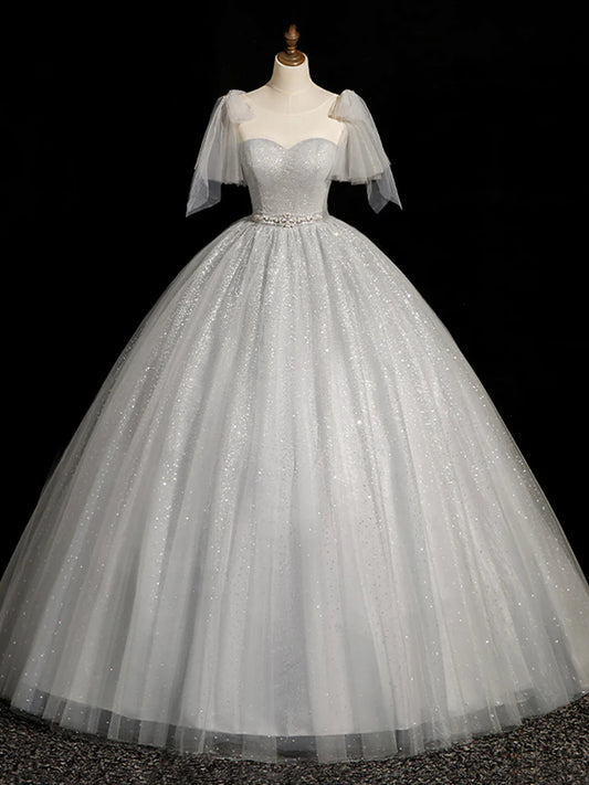 Gray Sparkly Tulle Long Scoop Neckline Prom Dress, Beautiful A-Line Evening Party Dress TP242