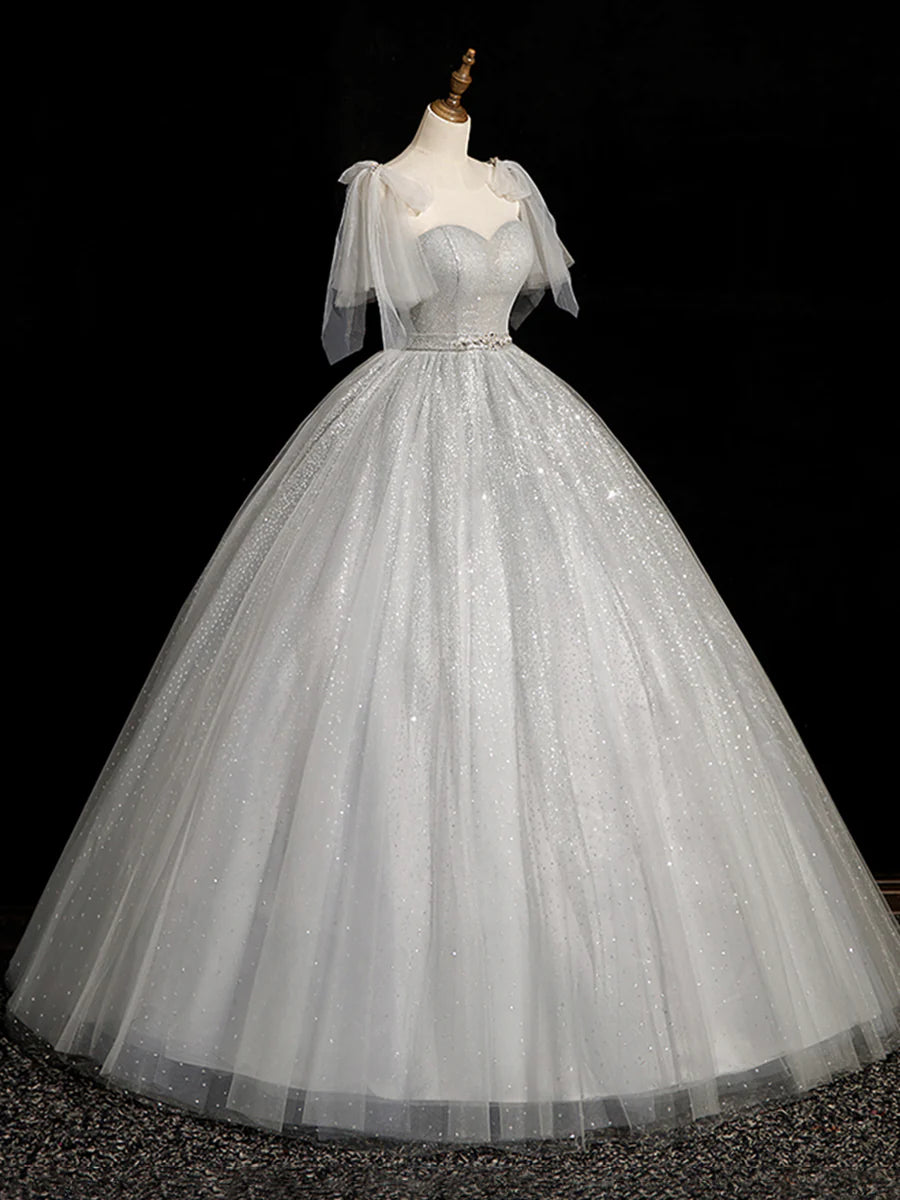 Gray Sparkly Tulle Long Scoop Neckline Prom Dress, Beautiful A-Line Evening Party Dress TP242