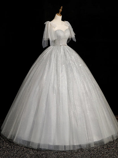 Gray Sparkly Tulle Long Scoop Neckline Prom Dress, Beautiful A-Line Evening Party Dress TP242