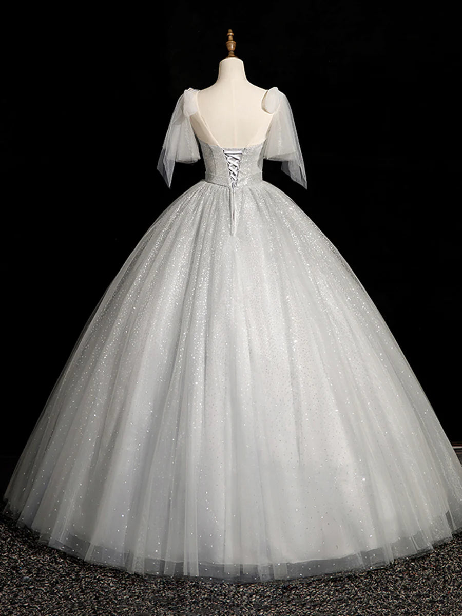 Gray Sparkly Tulle Long Scoop Neckline Prom Dress, Beautiful A-Line Evening Party Dress TP242