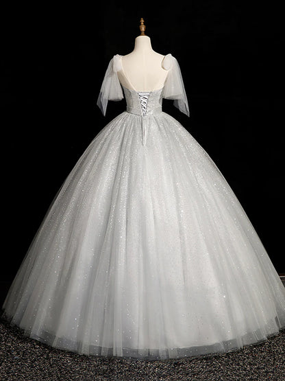 Gray Sparkly Tulle Long Scoop Neckline Prom Dress, Beautiful A-Line Evening Party Dress TP242