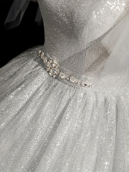 Gray Sparkly Tulle Long Scoop Neckline Prom Dress, Beautiful A-Line Evening Party Dress TP242