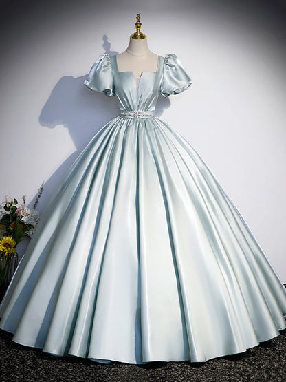 Beautiful Satin Floor Length Prom Dress, A-Line Short Sleeve Evening Party Dress TP246