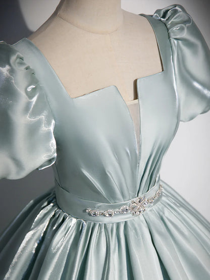 Beautiful Satin Floor Length Prom Dress, A-Line Short Sleeve Evening Party Dress TP246