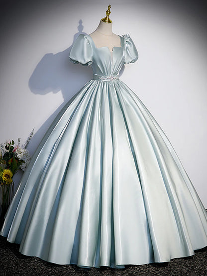 Beautiful Satin Floor Length Prom Dress, A-Line Short Sleeve Evening Party Dress TP246