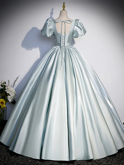 Beautiful Satin Floor Length Prom Dress, A-Line Short Sleeve Evening Party Dress TP246
