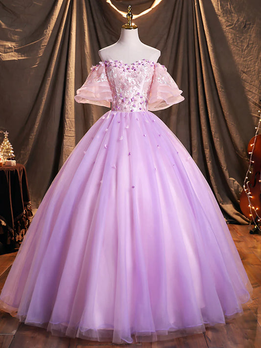 Purple Tulle Sequins Long Prom Dress, A-Line Off the Shoulder Evening Party Dress TP247