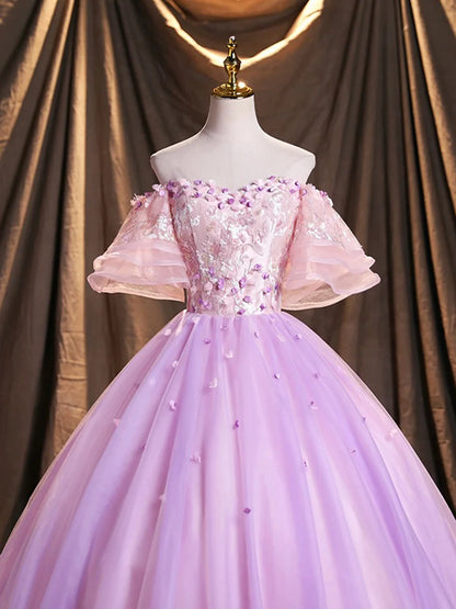 Purple Tulle Sequins Long Prom Dress, A-Line Off the Shoulder Evening Party Dress TP247
