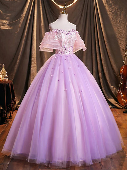 Purple Tulle Sequins Long Prom Dress, A-Line Off the Shoulder Evening Party Dress TP247