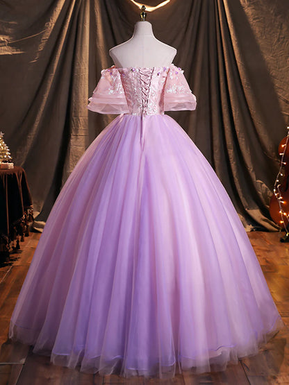 Purple Tulle Sequins Long Prom Dress, A-Line Off the Shoulder Evening Party Dress TP247