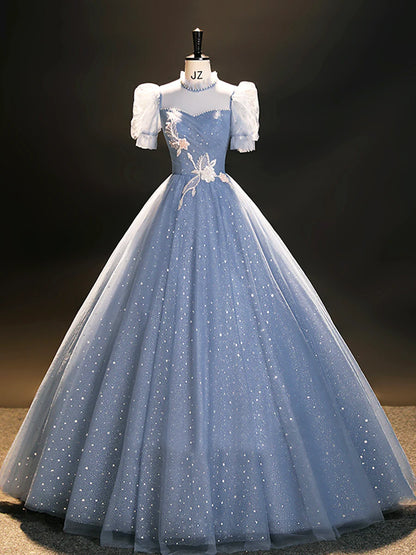 Blue Tulle Long A-Line Prom Dress, Beautiful Short Sleeve Evening Party Dress  TP249