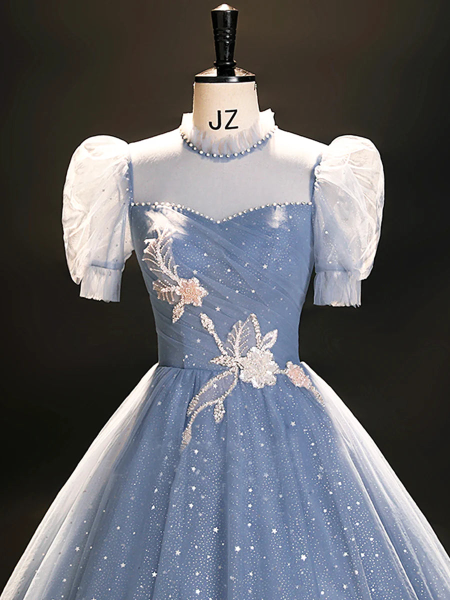 Blue Tulle Long A-Line Prom Dress, Beautiful Short Sleeve Evening Party Dress  TP249