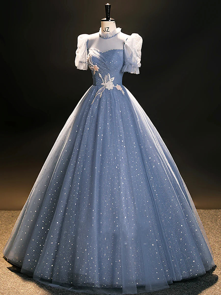Blue Tulle Long A-Line Prom Dress, Beautiful Short Sleeve Evening Party Dress  TP249