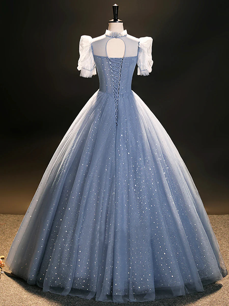 Blue Tulle Long A-Line Prom Dress, Beautiful Short Sleeve Evening Party Dress  TP249