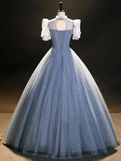 Blue Tulle Long A-Line Prom Dress, Beautiful Short Sleeve Evening Party Dress  TP249