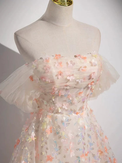 Lovely Three-dimensional Floral Floor Length Prom Dress, Off the Shoulder Evening Party Dress  TP250