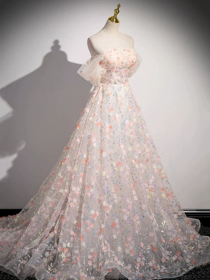 Lovely Three-dimensional Floral Floor Length Prom Dress, Off the Shoulder Evening Party Dress  TP250