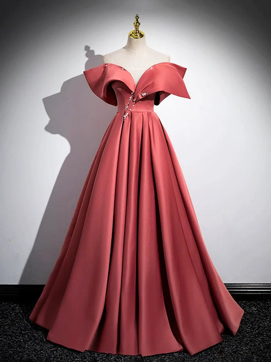Beautiful Satin Off Shoulder Long Party Dress, A-Line Pearl Floor Length Prom Dress  TP251