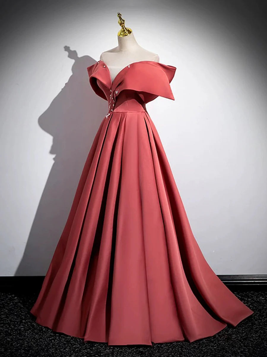 Beautiful Satin Off Shoulder Long Party Dress, A-Line Pearl Floor Length Prom Dress  TP251