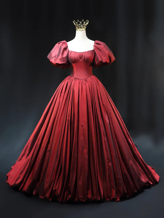 Burgundy Scoop Short Sleeves Party Dress, A-Line Long Evening Dress Prom Dress  TP252