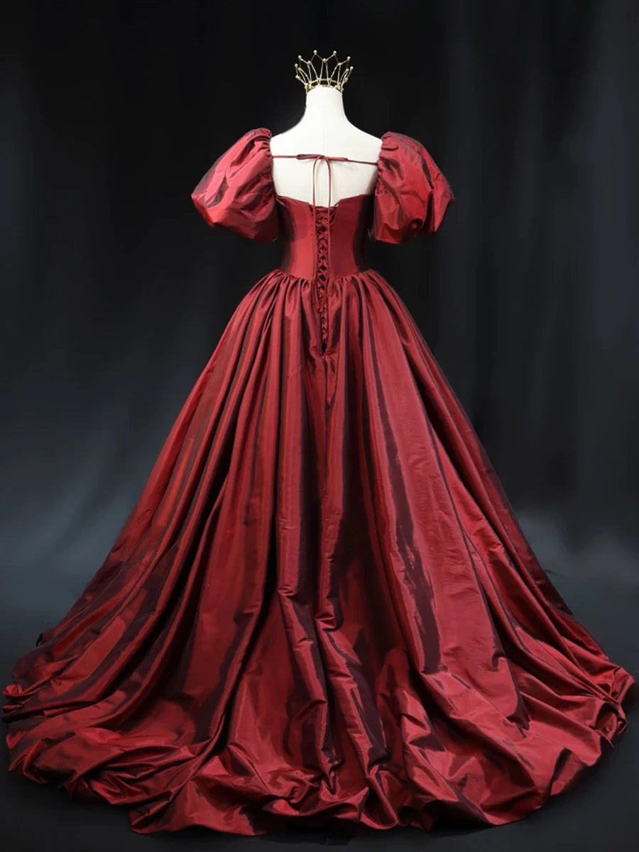 Burgundy Scoop Short Sleeves Party Dress, A-Line Long Evening Dress Prom Dress  TP252