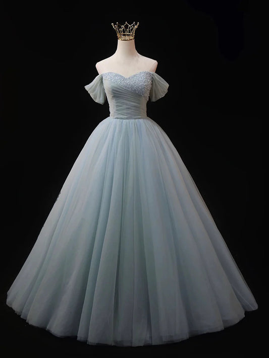 Dusty Blue Tulle Beaded Long Prom Dress, Off the Shoulder A-Line Evening Party Dress  TP253
