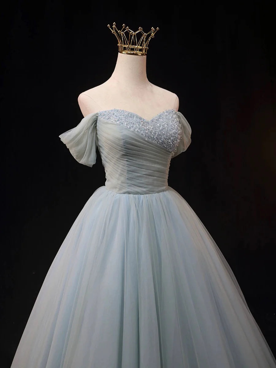 Dusty Blue Tulle Beaded Long Prom Dress, Off the Shoulder A-Line Evening Party Dress  TP253