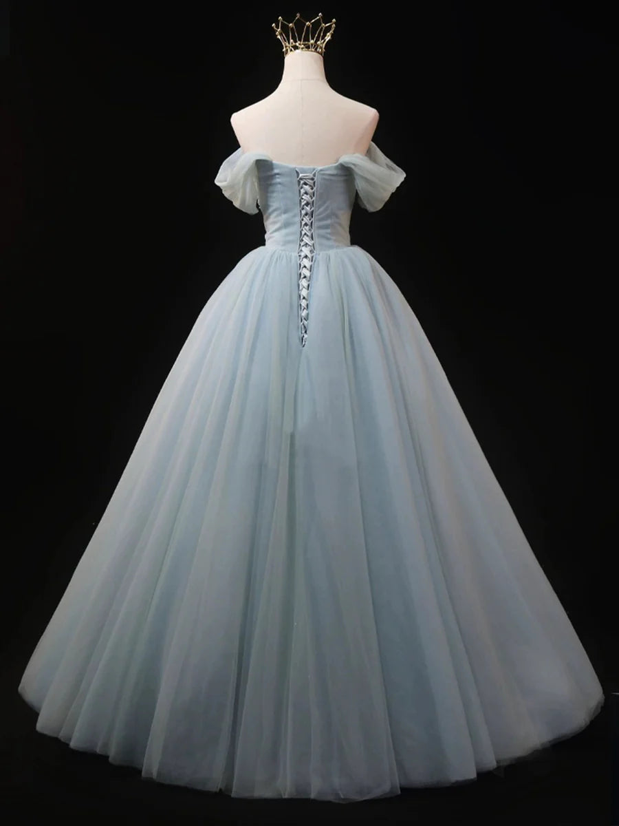 Dusty Blue Tulle Beaded Long Prom Dress, Off the Shoulder A-Line Evening Party Dress  TP253